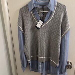Adrianna Papell Gray V-Neck Sweater with Blue Striped Shirt